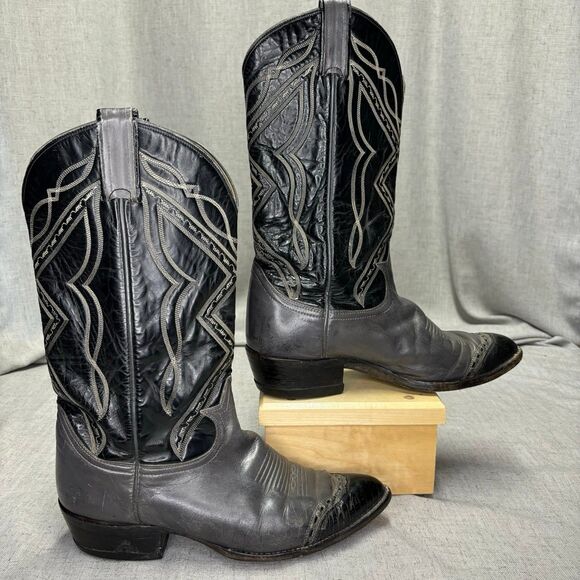Tony Lama Vintage Cowboy Boots Grey Black Leather Western Top Stitching Size 9 - Picture 2 of 11